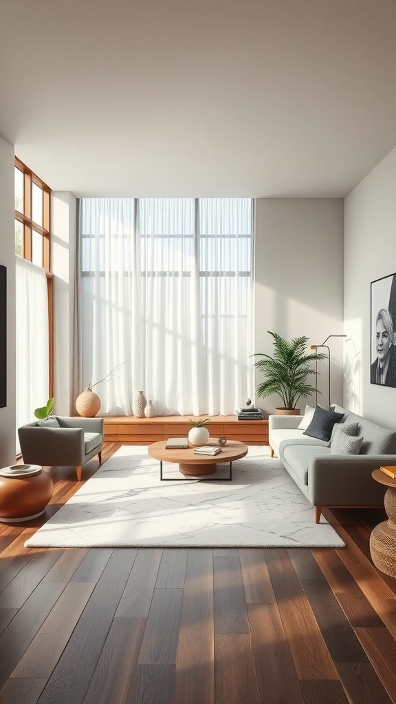 A serene zen living room with natural light, wooden floors, and minimalistic decor