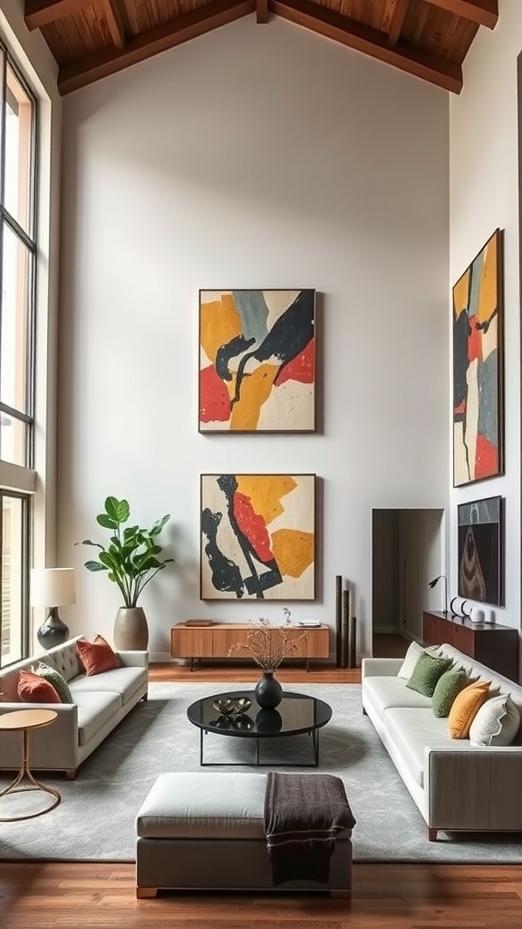 Elegant living room featuring bold horse artwork, stylish furniture, and warm tones.