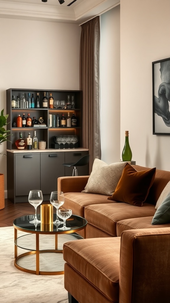 A stylish home bar corner with a black shelving unit displaying various bottles and glassware, complemented by warm-toned sofas and a chic coffee table.