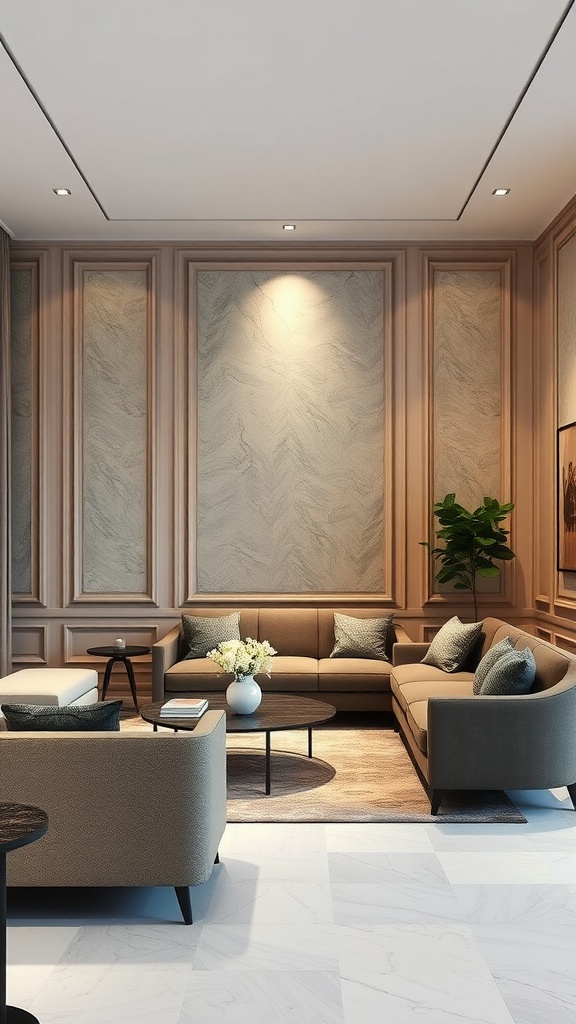 A luxurious living room featuring textured wall treatments with wooden paneling and modern furniture.