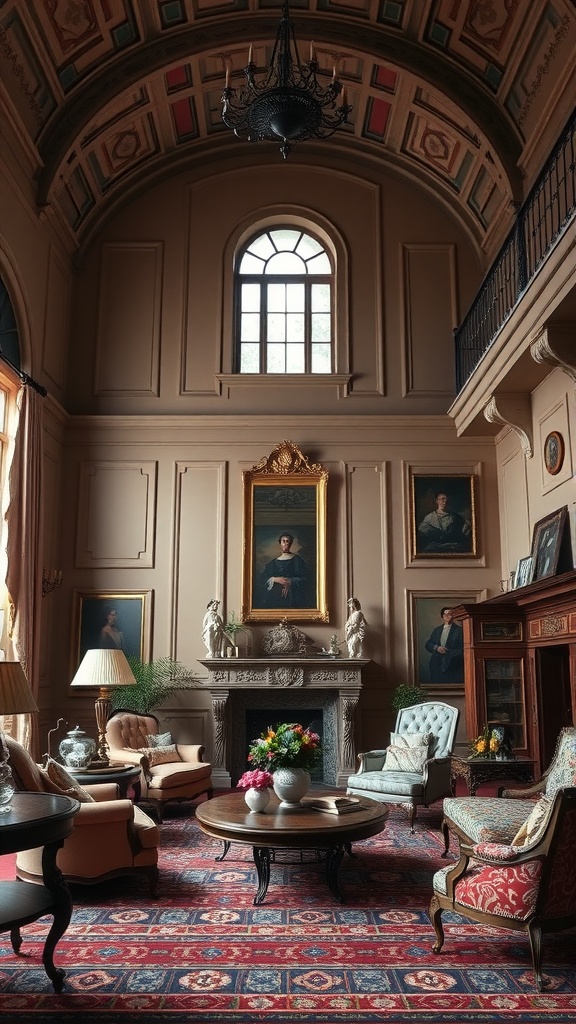 A vintage elegant living room with ornate furniture, a chandelier, and classic decor.